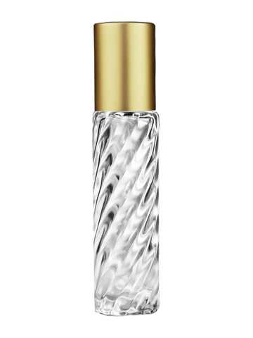 Cylinder swirl design 9ml,1/3 oz glass bottle with plastic roller ball plug and matte gold cap.