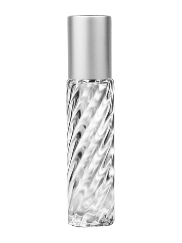 Cylinder swirl design 9ml,1/3 oz glass bottle with plastic roller ball plug and matte silver cap.