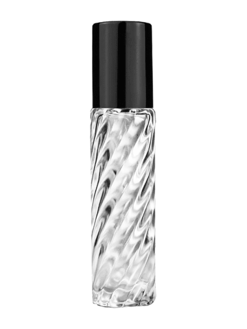 Cylinder swirl design 9ml,1/3 oz glass bottle with plastic roller ball plug and shiny black cap.