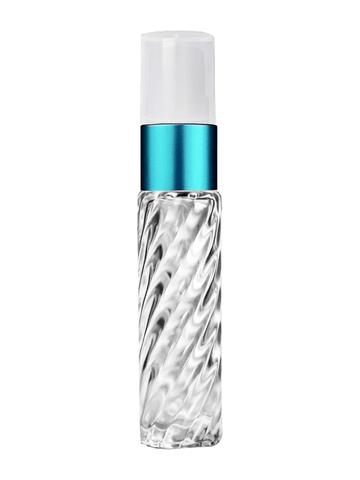 Cylinder swirl design 9ml,1/3 oz glass bottle with fine mist sprayer with turquoise trim and plastic overcap.