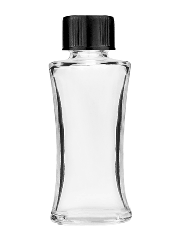 Daisy design 10ml, 1/3oz Clear glass bottle with short black cap.