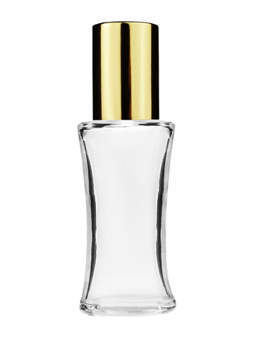 Daisy design 10ml, 1/3oz Clear glass bottle with shiny gold cap.