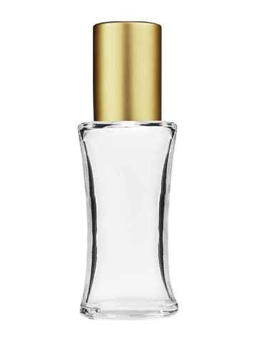 Daisy design 10ml, 1/3oz Clear glass bottle with metal roller ball plug and matte gold cap.