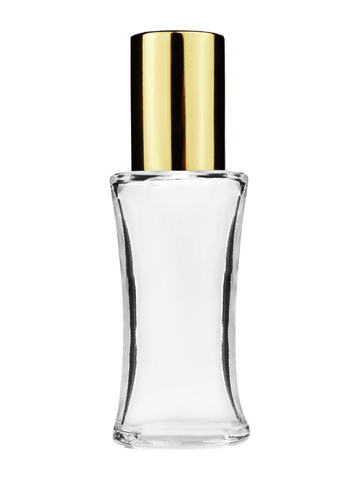 Daisy design 10ml, 1/3oz Clear glass bottle with metal roller ball plug and shiny gold cap.