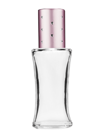 Daisy design 10ml, 1/3oz Clear glass bottle with metal roller ball plug and pink cap with dots.