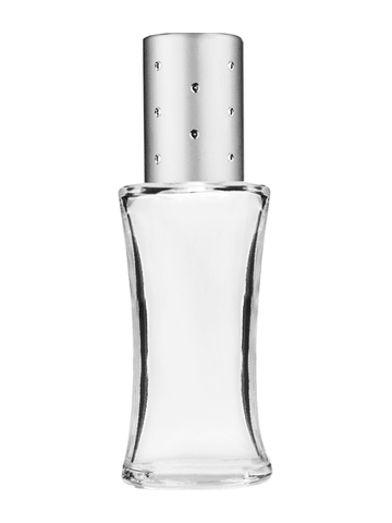 Daisy design 10ml, 1/3oz Clear glass bottle with metal roller ball plug and silver cap with dots.