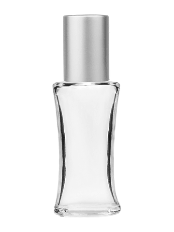 Daisy design 10ml, 1/3oz Clear glass bottle with metal roller ball plug and matte silver cap.