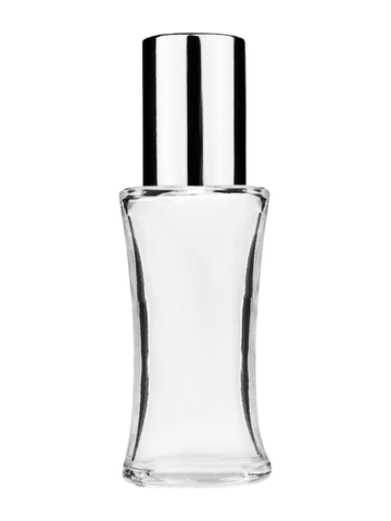 Daisy design 10ml, 1/3oz Clear glass bottle with metal roller ball plug and shiny silver cap.