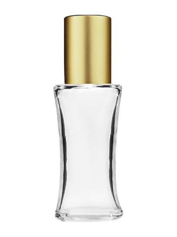 Daisy design 10ml, 1/3oz Clear glass bottle with plastic roller ball plug and matte gold cap.
