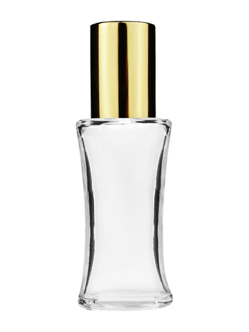 Daisy design 10ml, 1/3oz Clear glass bottle with plastic roller ball plug and shiny gold cap.