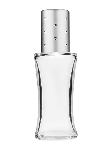Daisy design 10ml, 1/3oz Clear glass bottle with plastic roller ball plug and silver cap with dots.