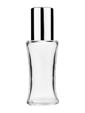 Daisy design 10ml, 1/3oz Clear glass bottle with plastic roller ball plug and shiny silver cap.