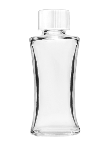 Daisy design 10ml, 1/3oz Clear glass bottle with short white cap.