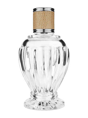 Diva design 100 ml, 3 1/2oz  clear glass bottle  with reducer and light brown faux leather cap.