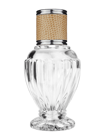 Diva design 46 ml, 1.64oz  clear glass bottle  with reducer and light brown faux leather cap.