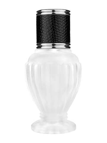 Diva design 30 ml, 1oz frosted glass bottle with reducer and black faux leather cap.