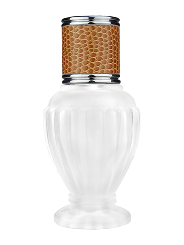 Diva design 30 ml, 1oz frosted glass bottle with reducer and brown faux leather cap.