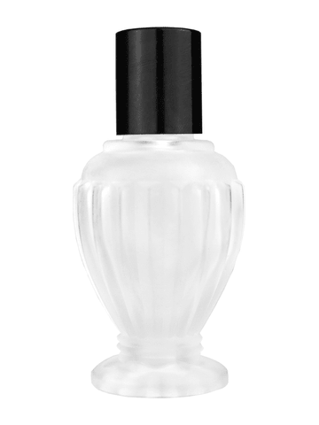 Diva design 30 ml, 1oz frosted glass bottle with reducer and tall black shiny cap.