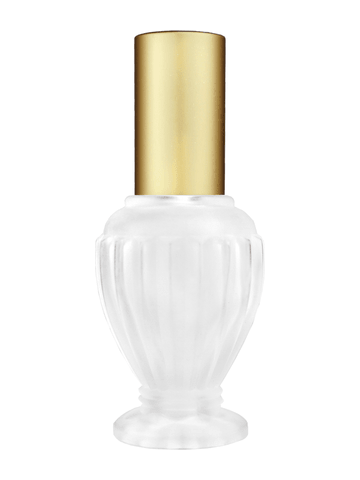 Diva design 30 ml, 1oz frosted glass bottle with matte gold spray pump.