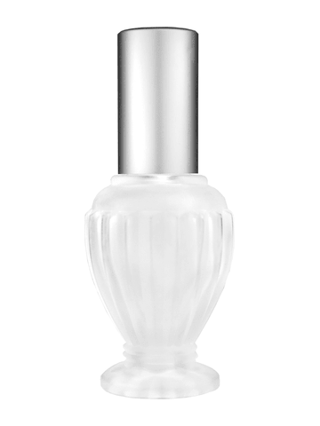 Diva design 30 ml, 1oz frosted glass bottle with matte silver spray pump.