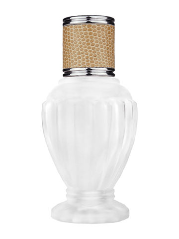 Diva design 46 ml, 1.64oz frosted glass bottle with reducer and light brown faux leather cap.