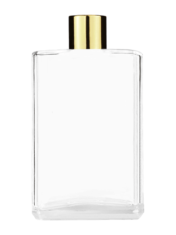 Elegant design 100 ml, 3 1/2oz  clear glass bottle  with reducer and shiny gold cap.