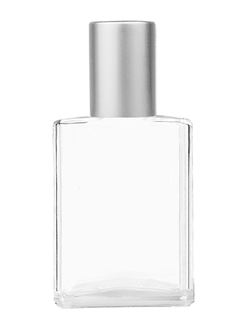 Elegant design 15ml, 1/2oz Clear glass bottle with metal roller ball plug and matte silver cap.