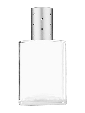 Elegant design 15ml, 1/2oz Clear glass bottle with plastic roller ball plug and silver cap with dots.