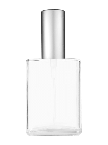 Elegant design 30 ml, clear glass bottle with sprayer and matte silver cap.