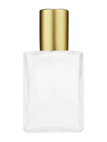 Elegant design 15ml, 1/2oz frosted glass bottle with metal roller ball plug and matte gold cap.