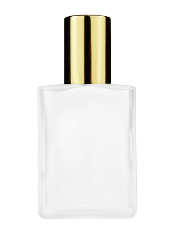 Elegant design 15ml, 1/2oz frosted glass bottle with metal roller ball plug and shiny gold cap.