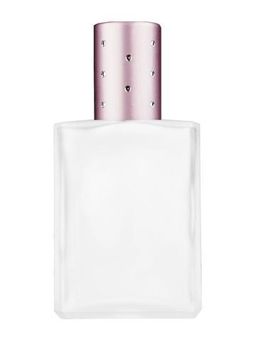 Elegant design 15ml, 1/2oz frosted glass bottle with metal roller ball plug and pink cap with dots.