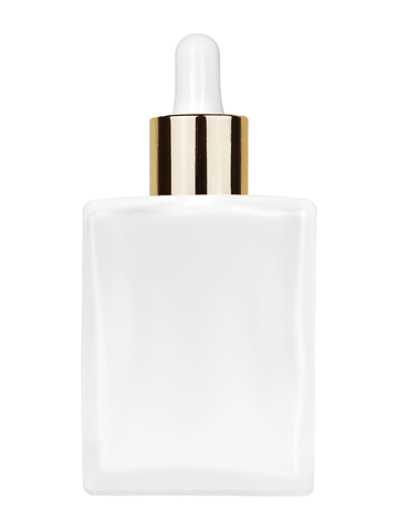 Elegant design 60 ml, 2oz frosted glass bottle with white dropper with shiny gold collar cap.