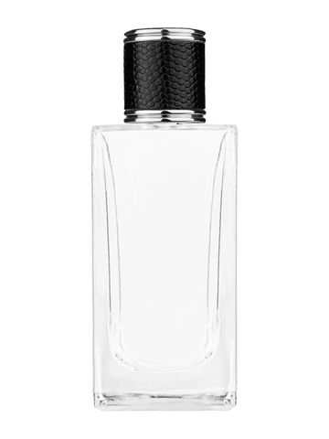 Empire design 100 ml, 3 1/2oz  clear glass bottle  with reducer and black faux leather cap.