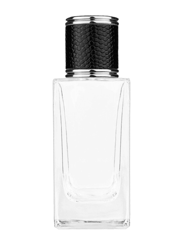 Empire design 50 ml, 1.7oz  clear glass bottle  with reducer and black faux leather cap.