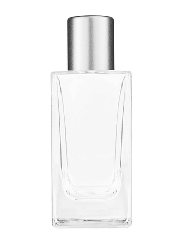 Empire design 50 ml, 1.7oz  clear glass bottle  with reducer and tall silver matte cap.