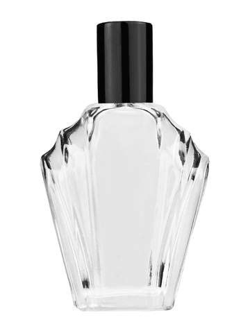Flair design 15ml, 1/2oz Clear glass bottle with metal roller ball plug and black shiny cap.