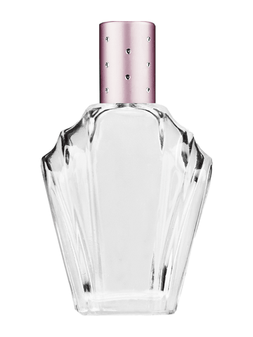 Flair design 15ml, 1/2oz Clear glass bottle with metal roller ball plug and pink cap with dots.