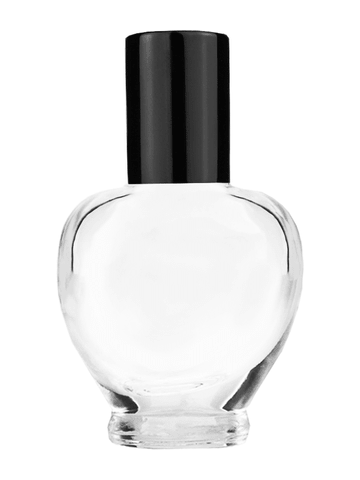 Queen design 10ml, 1/3oz Clear glass bottle with metal roller ball plug and black shiny cap.