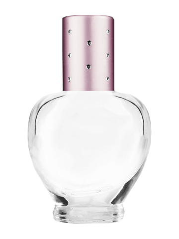 Queen design 10ml, 1/3oz Clear glass bottle with metal roller ball plug and pink cap with dots.