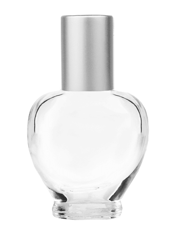 Queen design 10ml, 1/3oz Clear glass bottle with metal roller ball plug and matte silver cap.