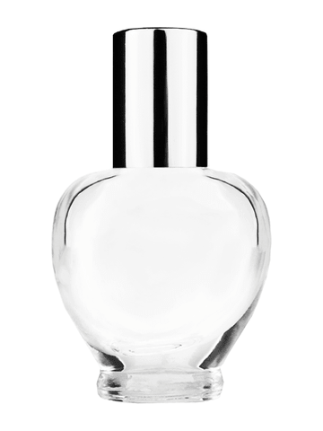 Queen design 10ml, 1/3oz Clear glass bottle with metal roller ball plug and shiny silver cap.