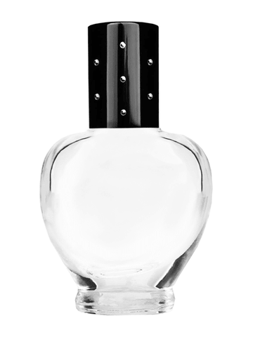 Queen design 10ml, 1/3oz Clear glass bottle with plastic roller ball plug and black shiny cap with dots.