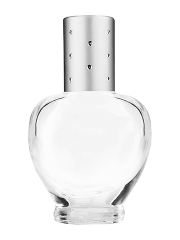 Queen design 10ml, 1/3oz Clear glass bottle with plastic roller ball plug and silver cap with dots.