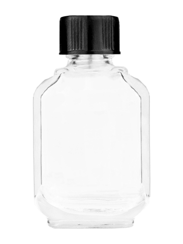 Footed rectangular design 10ml, 1/3oz Clear glass bottle with short black cap.