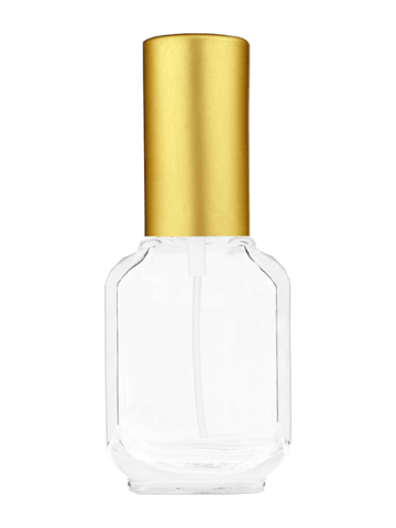 Footed rectangular design 10ml, 1/3oz Clear glass bottle with matte gold spray.