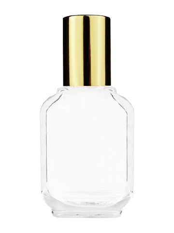 Footed rectangular design 15ml, 1/2oz Clear glass bottle with shiny gold cap.