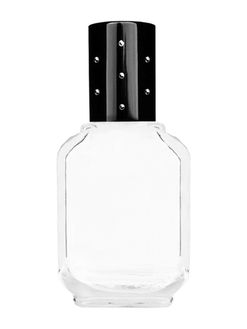 Footed rectangular design 15ml, 1/2oz Clear glass bottle with metal roller ball plug and black shiny cap with dots.
