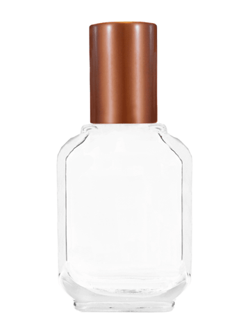Footed rectangular design 15ml, 1/2oz Clear glass bottle with metal roller ball plug and matte copper cap.