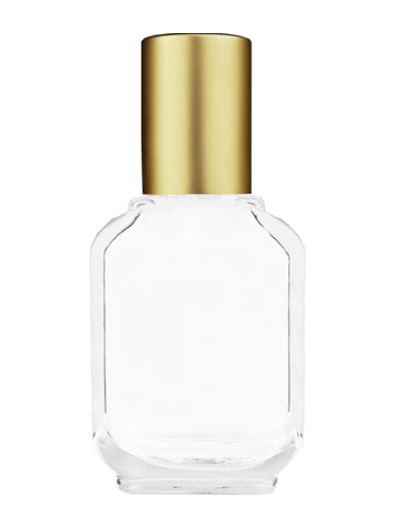 Footed rectangular design 15ml, 1/2oz Clear glass bottle with metal roller ball plug and matte gold cap.